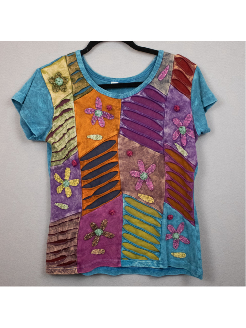 Unbranded floral patchwork boho short sleeve shirt-L